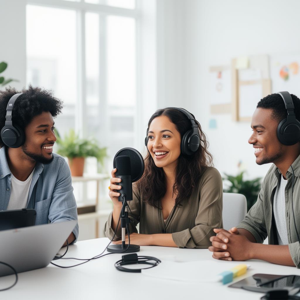 Diverse team of creators recording a podcast together in a bright studio