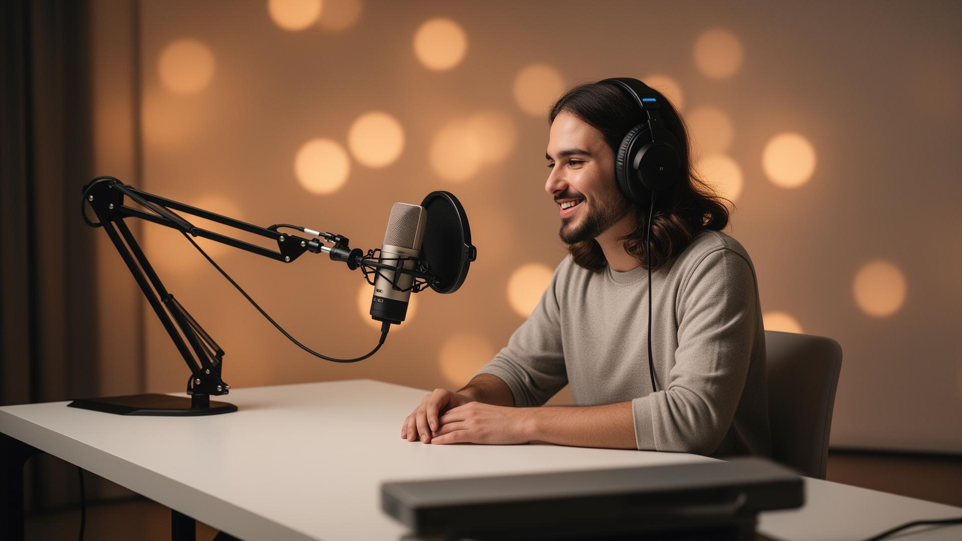 Creator recording a podcast with headphones and a studio microphone